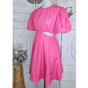 Elle Bechelani Fushia Pink Fit & Flare Puff Sleeve Waist Cut-Out Dress